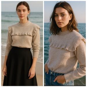 Zara Cream Ruffle Crew Neck Sweater